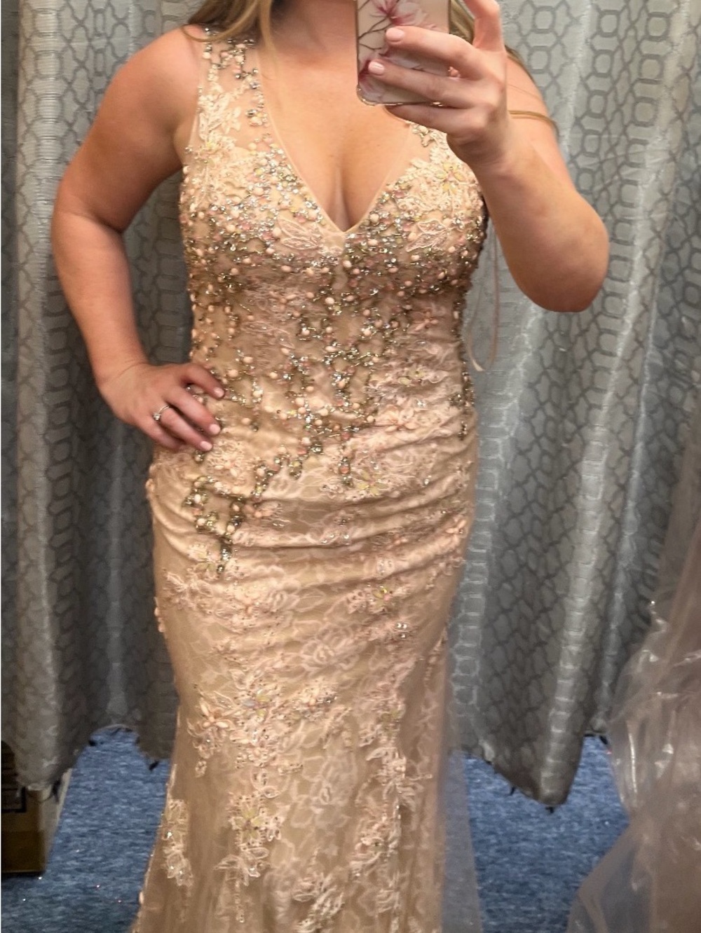Embellished Nude Lace Mermaid Evening Gown - V-Neck Formal Dress